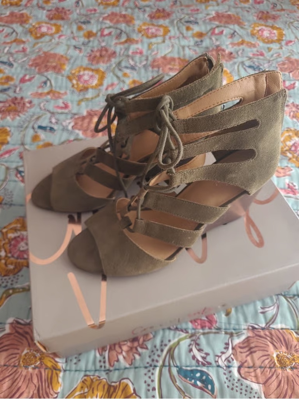 Time and Tru Olive Suede Lace-Up Wedge Sandals